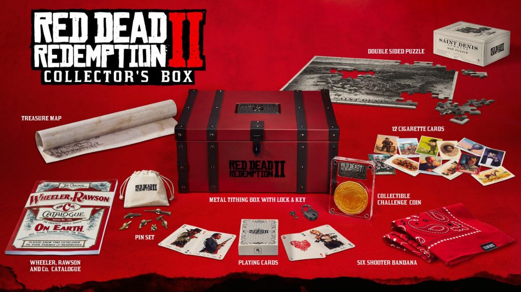  width=810 height=454></a></p><p dir=rtl>نسخه Collector’s Box این عنوان به طور انحصاری از خرده فروشی‌های انتخاب شده و Rockstar Warehouse برای خرید در دسترس است که ظاهرا دیسک Red Dead Redemption 2 در این بسته وجود ندارد. شما می‌توانید محتویات این نسخه را در عکس بالا مشاهده کنید.</p><p dir=rtl>این عنوان در تاریخ 26 اکتبر 2018 برای دو کنسول PS4 و Xbox One منتشر خواهد شد.</p><p dir=rtl>منبع: <a href=https://www.rockstargames.com/newswire/article/60459/The-Red-Dead-Redemption-2-Special-Edition-Ultimate-Edition-and-Collect>Rockstar Games</a></p><p dir=rtl><div class=