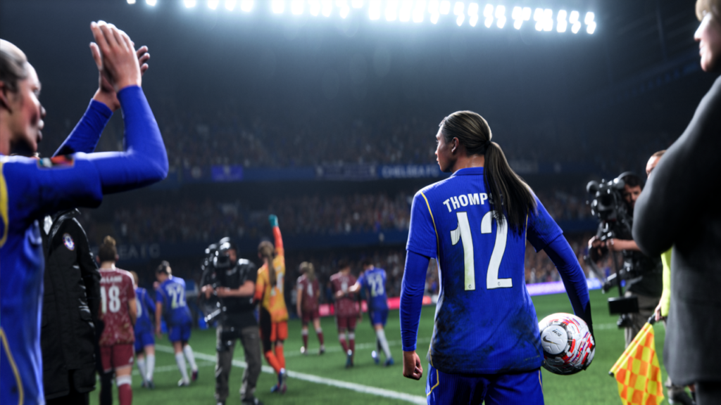 صحنه سینمایی و اتمسفر استادیوم در بازی EA FC 27 همراه با حضور بازیکن تیم زنان چلسی با توپ در انتهای مسابقه
