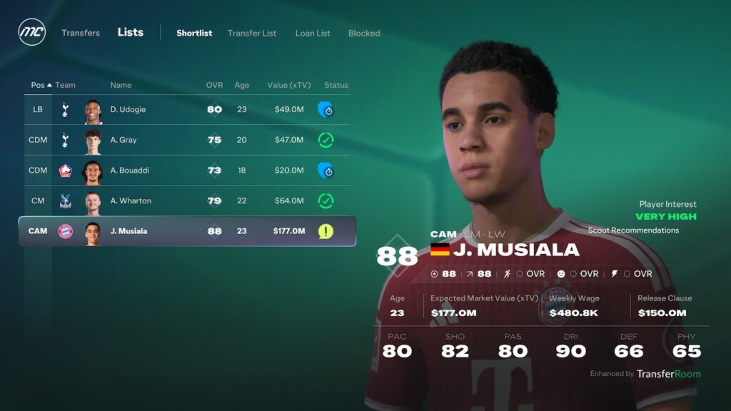 منوی لیست زیر نظر و نقل و انتقالات جمال موسیالا در بخش کریر مود بازی EA FC 27 همراه با بررسی ارزش بازار و بند آزادسازی