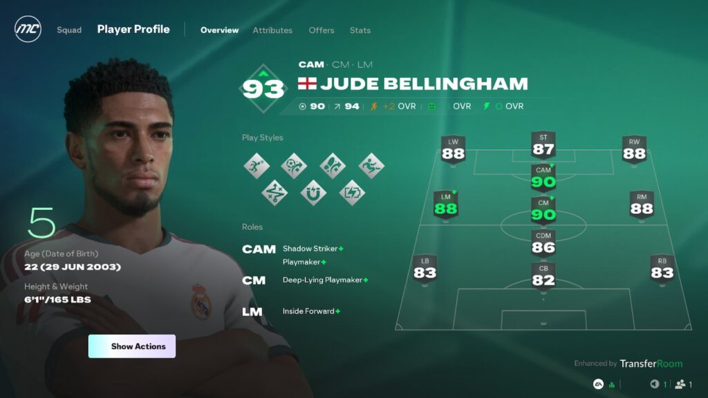 پروفایل و کارت اطلاعات جود بلینگام در بازی EA FC 27 همراه با بررسی نقشها و نمرهدهی پستهای مختلف در بخش کریر مود