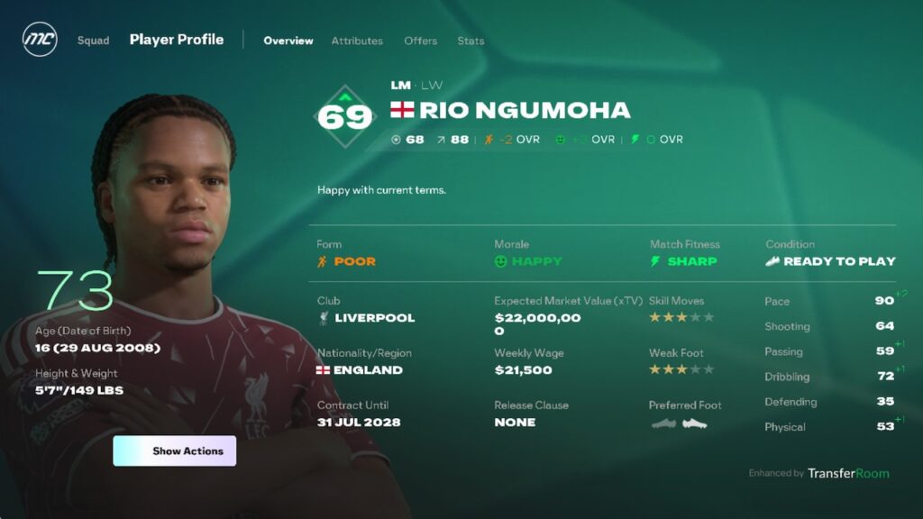 پروفایل و کارت اطلاعات ریو انگوماها در بازی EA FC 27 همراه با بررسی پتانسیل رشد و آمارهای او در بخش کریر مود