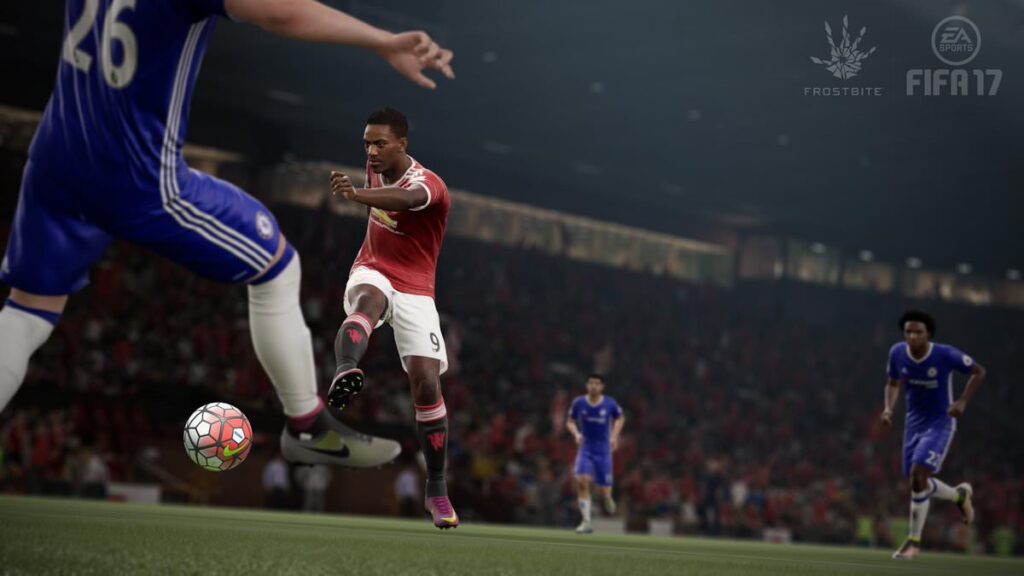 صحنه شوتزنی آنتونی مارسیال با پیراهن منچستریونایتد در برابر چلسی در گیمپلی بازی FIFA 17 و موتور گرافیکی فراستبایت