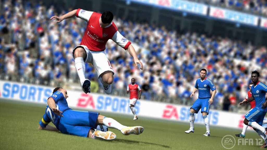 نمایش سیستم فیزیک تکل و برخورد Player Impact Engine در گیمپلی بازی FIFA 12 بین بازیکنان آرسنال و چلسی