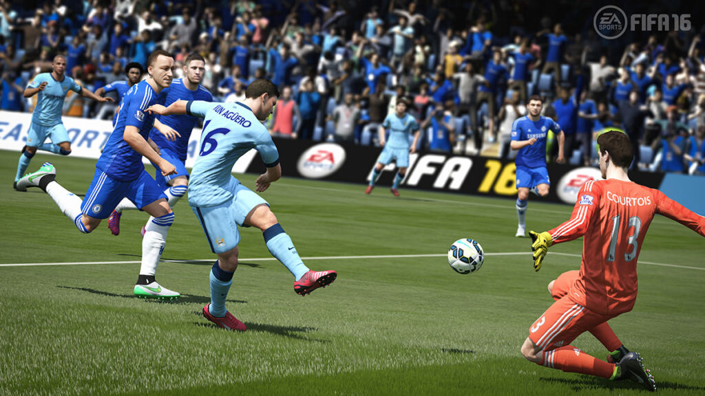 صحنه شوتزنی سرخیو آگوئرو مقابل تیبو کورتوا در گیمپلی بازی FIFA 16 و تکامل سیستمهای حرکتی بازی