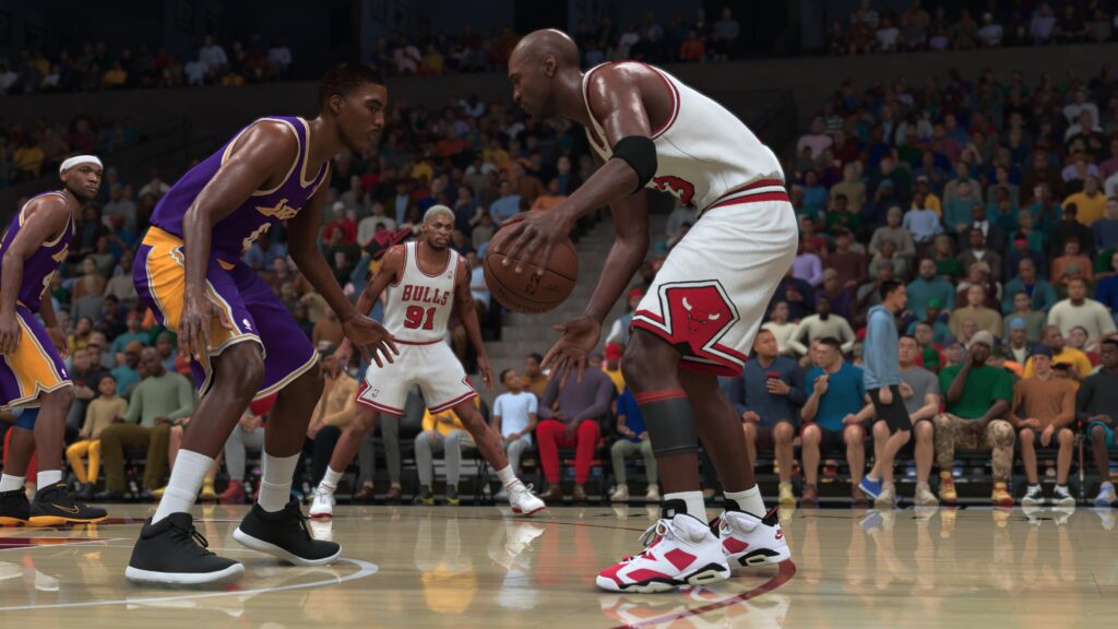 اسکرینشات گیمپلی بازی NBA 2K27 نمایش تقابل مایکل جردن در شیکاگو بولز و کوبی برایانت در لوس آنجلس لیکرز