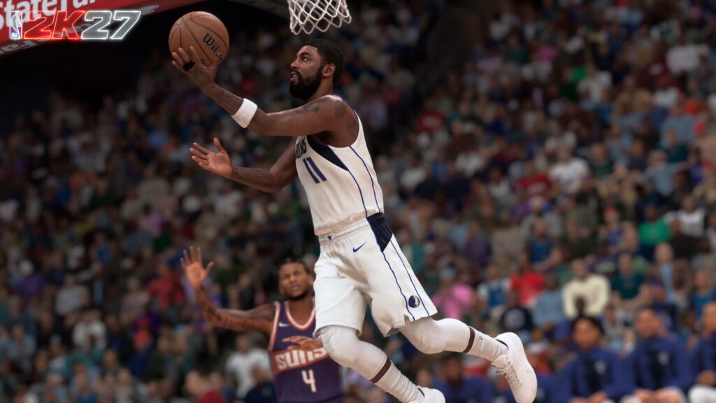 اسکرینشات اقدام به لیآپ کایری ایروینگ در بازی NBA 2K27 برای بررسی انیمیشنهای پویا و تاثیر موقعیت مدافع در نحوه تمام کردن حرکت زیر سبد