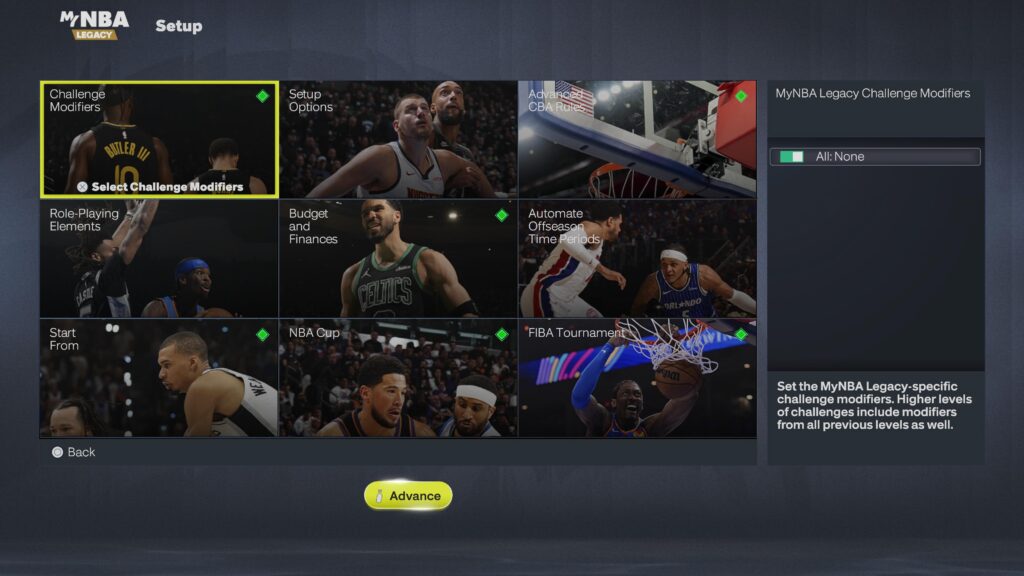 اسکرینشات منوی تنظیمات حالت MyNBA Legacy