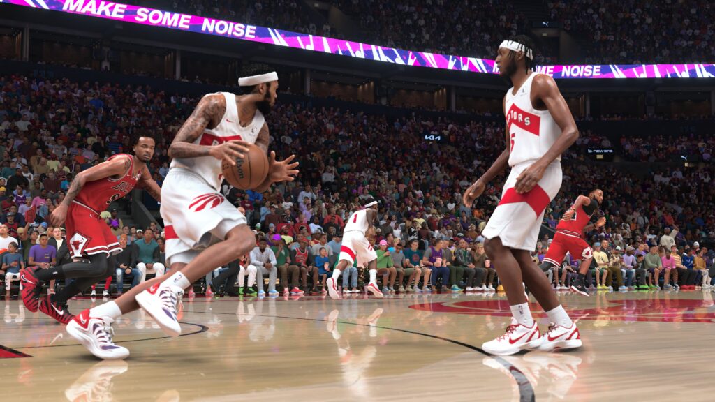 اسکرینشات حرکت و تغییر جهت بازیکنان در بازی NBA 2K27 برای بررسی فیزیک جرم، اینرسی و کنترل زوایای بدن