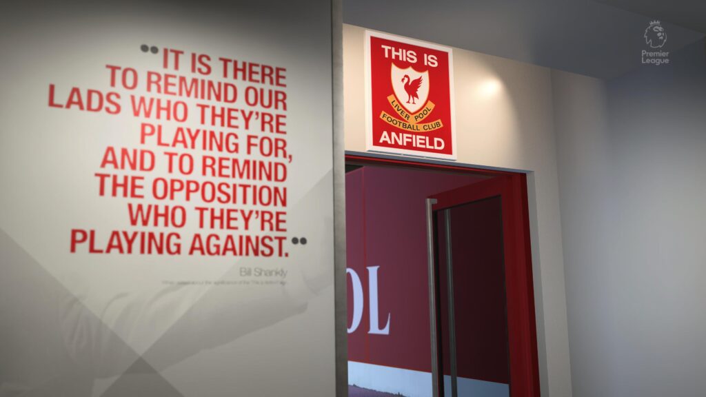اسکرین‌شات تونل ورودی ورزشگاه آنفیلد و تابلوی This is Anfield در بازی EA SPORTS FC 27 برای بررسی جزئیات و اتمسفر استادیوم لیورپول