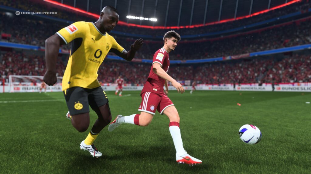 اسکرین‌شات گیم‌پلی بازی EA SPORTS FC 27 نمایش نبرد الکساندر پاولویچ با لباس بایرن مونیخ و بازیکن بروسیا دورتموند در درکلاسیکر