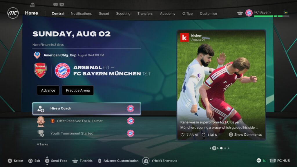اسکرین‌شات رابط کاربری و داشبورد بخش Manager Career Mode